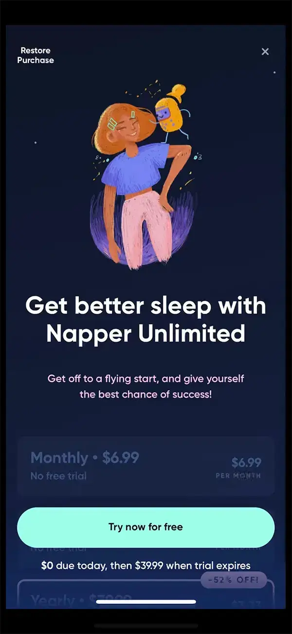 The paywall screen of the Napper app