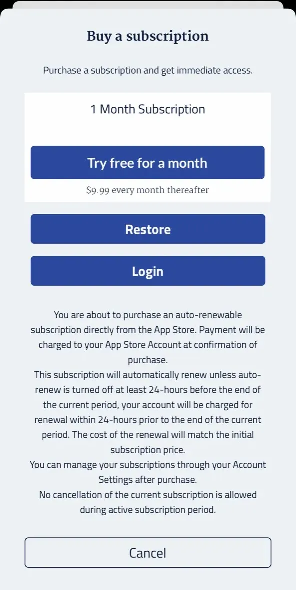 The paywall screen of the true app