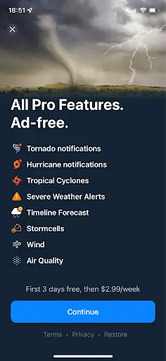 The paywall screen of the Windy Weather Radar app