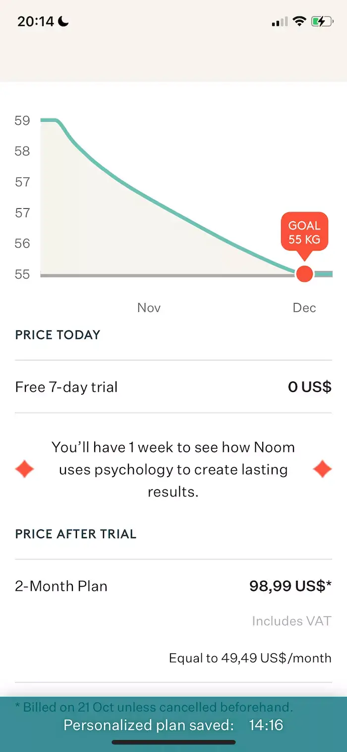 The paywall screen of the Noom Weight Loss app