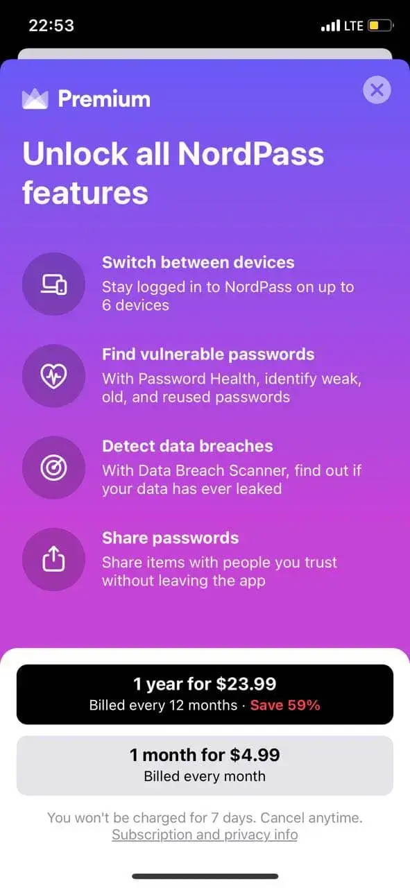 The paywall screen of the NordPass app