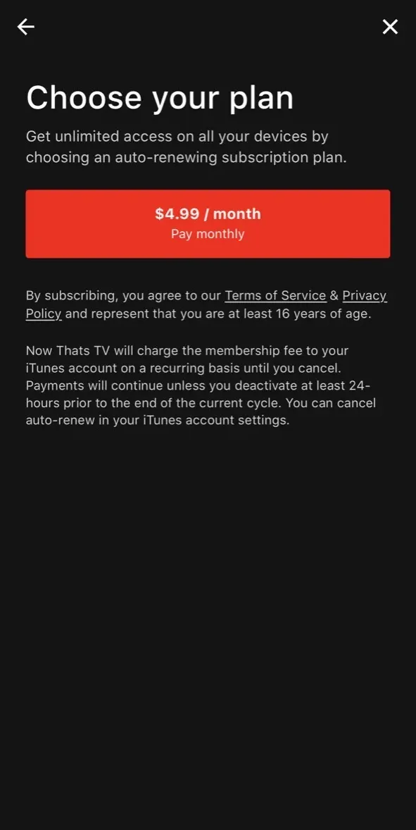 The paywall screen of the true app