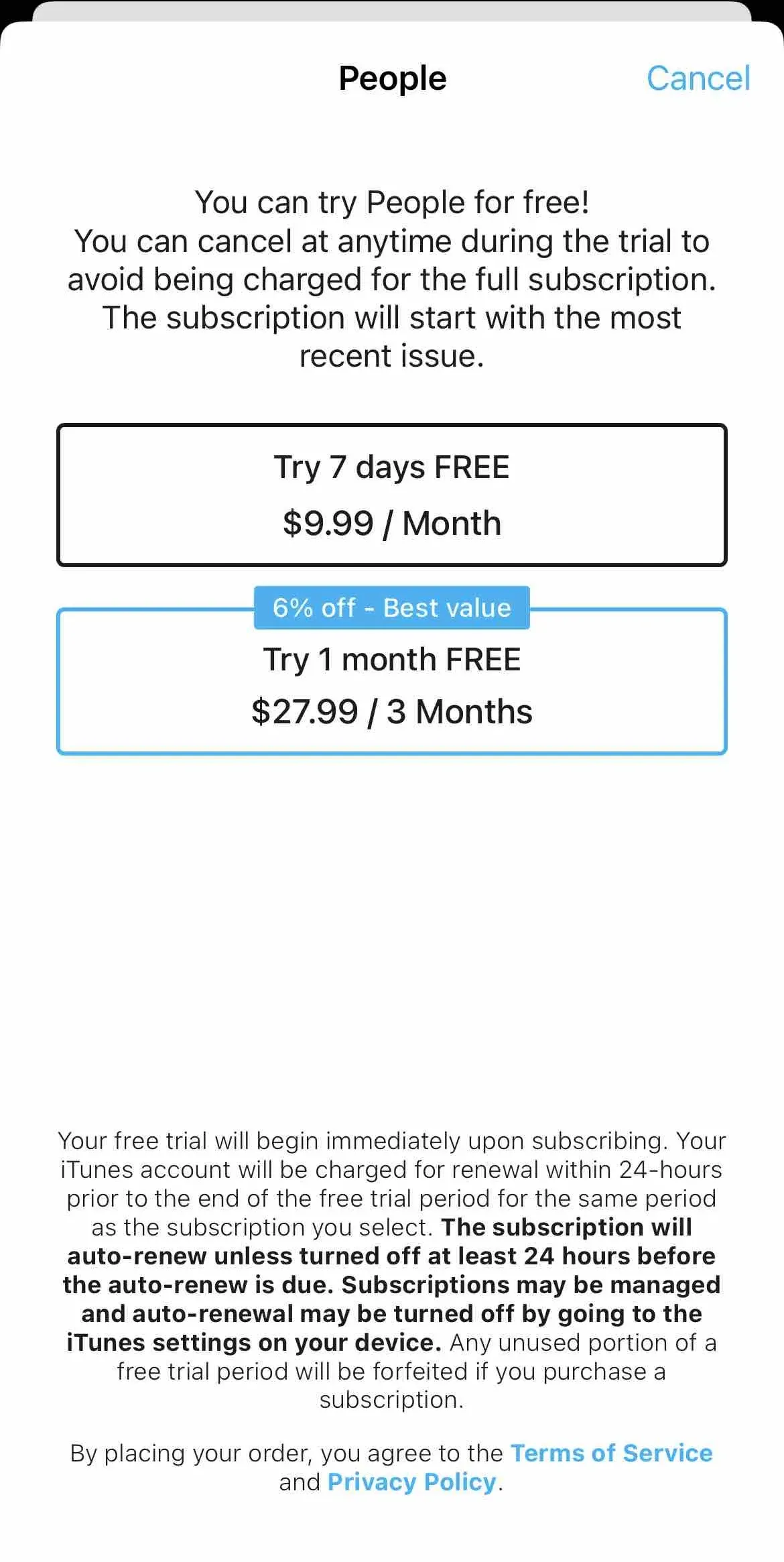 The paywall screen of the true app