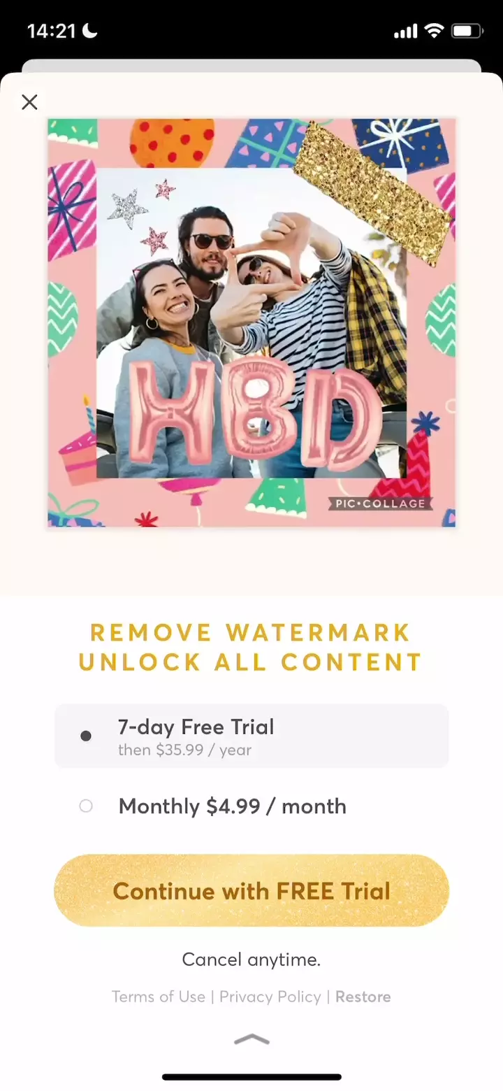 The paywall screen of the PicCollage: app