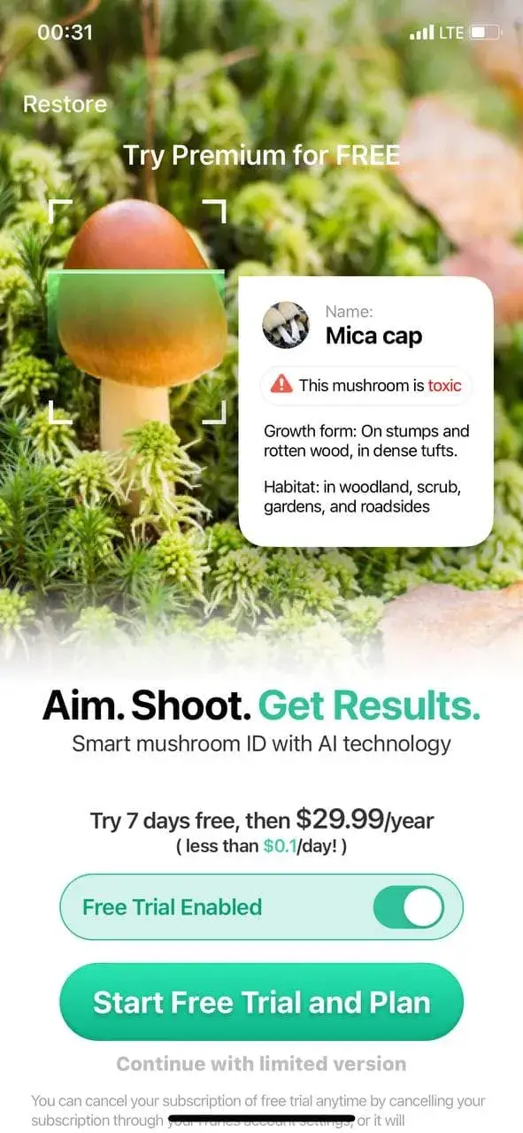 The paywall screen of the Picture Mushroom app