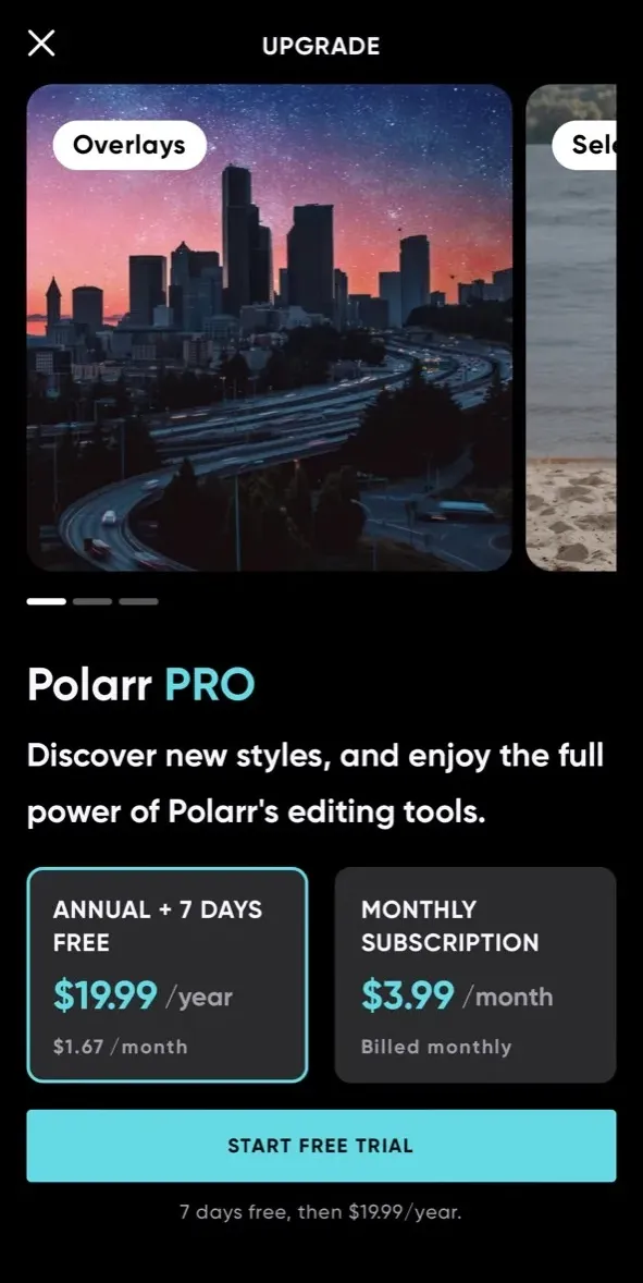 The paywall screen of the Polarr app