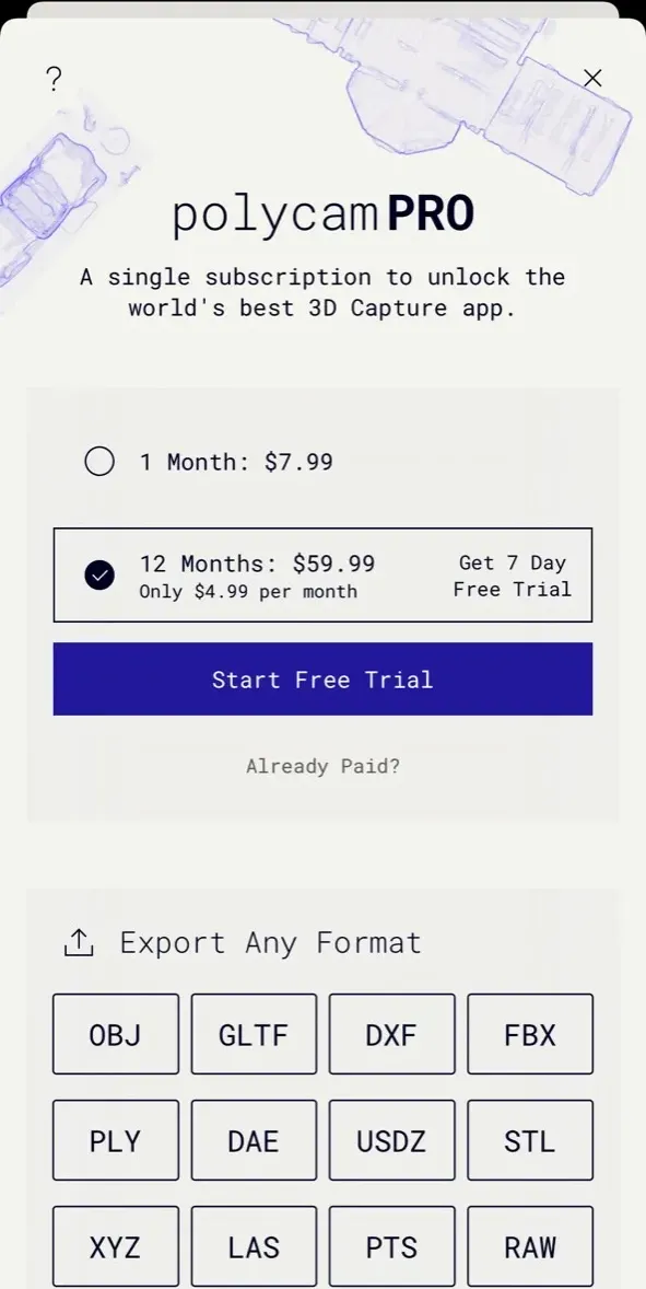 The paywall screen of the Polycam 3D Scanner app