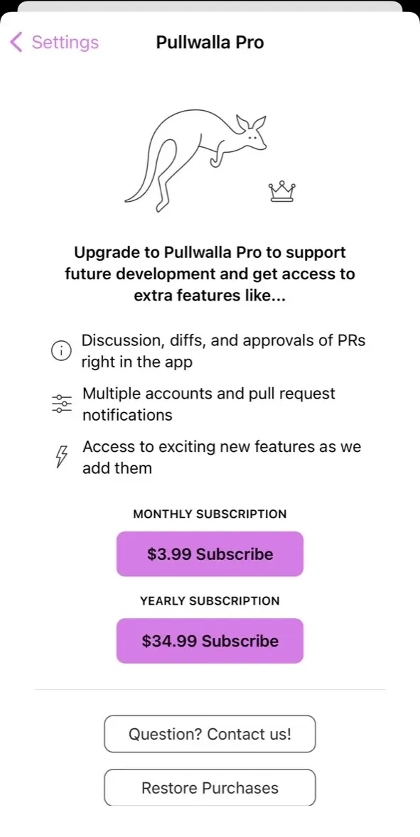 The paywall screen of the Pullwalla app