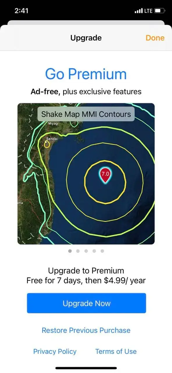 The paywall screen of the QuakeFeed Earthquake Tracker app