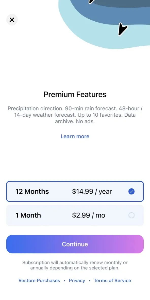 The paywall screen of the Rain Viewer app