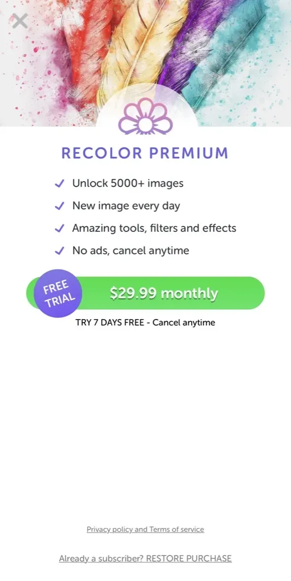 The paywall screen of the Recolor app