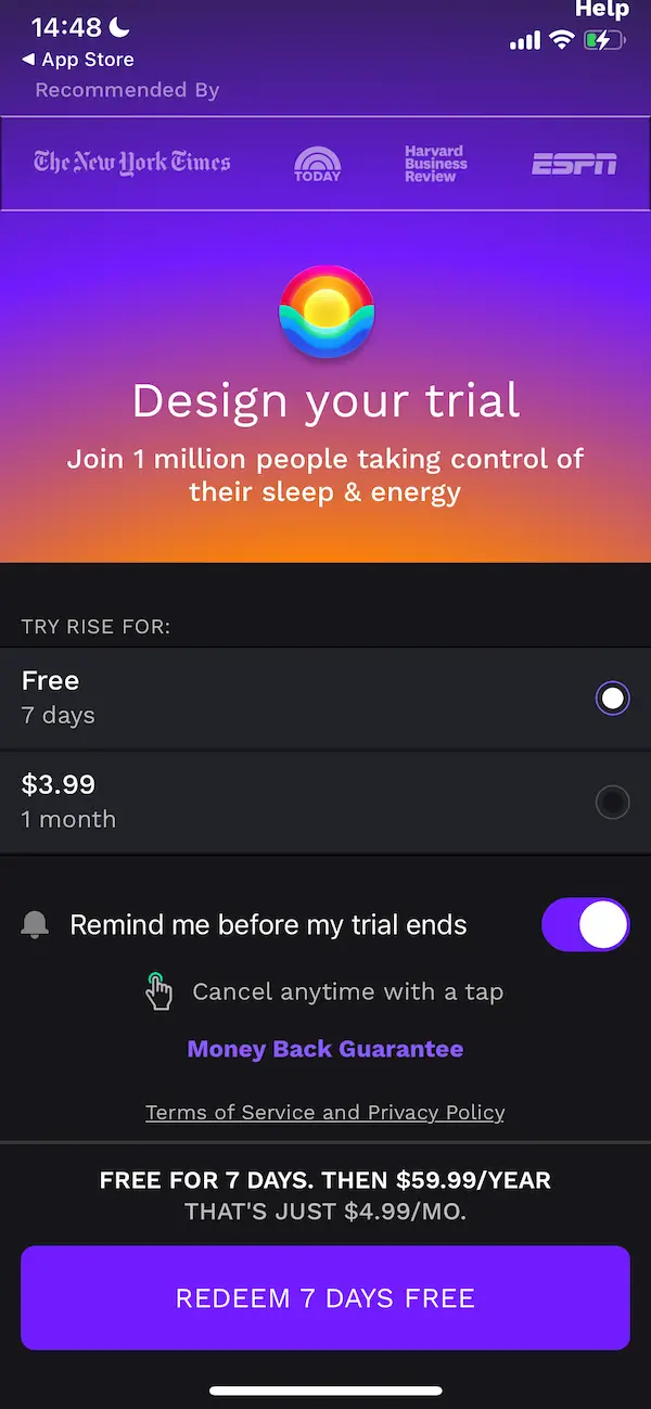 The paywall screen of the RISE app