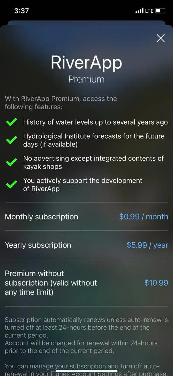 The paywall screen of the RiverApp app