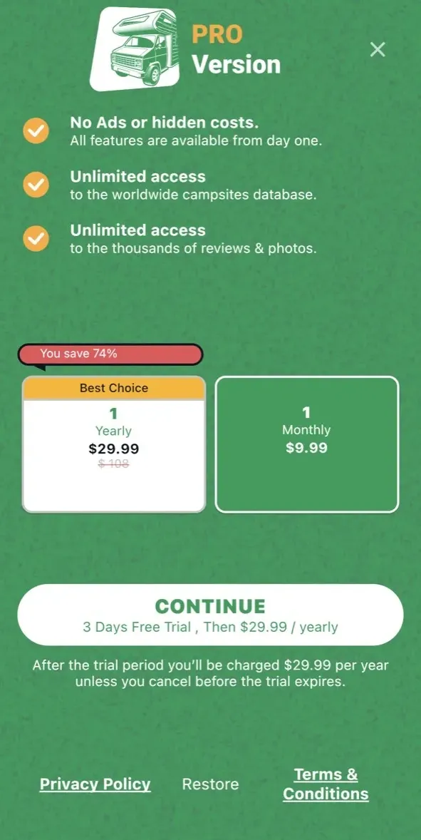 The paywall screen of the RV Campgrounds app