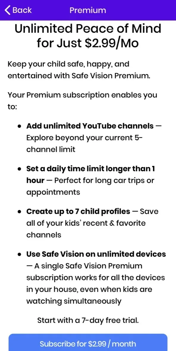 The paywall screen of the Safe Vision Kids app