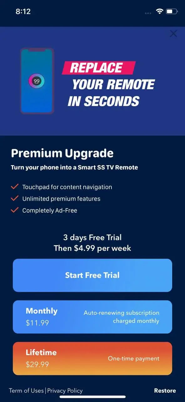 The paywall screen of the Sam Smart TV Remote app