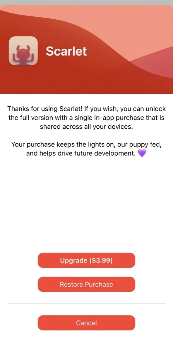 The paywall screen of the Scarlet app