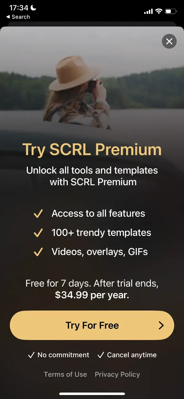 The paywall screen of the SCRL app