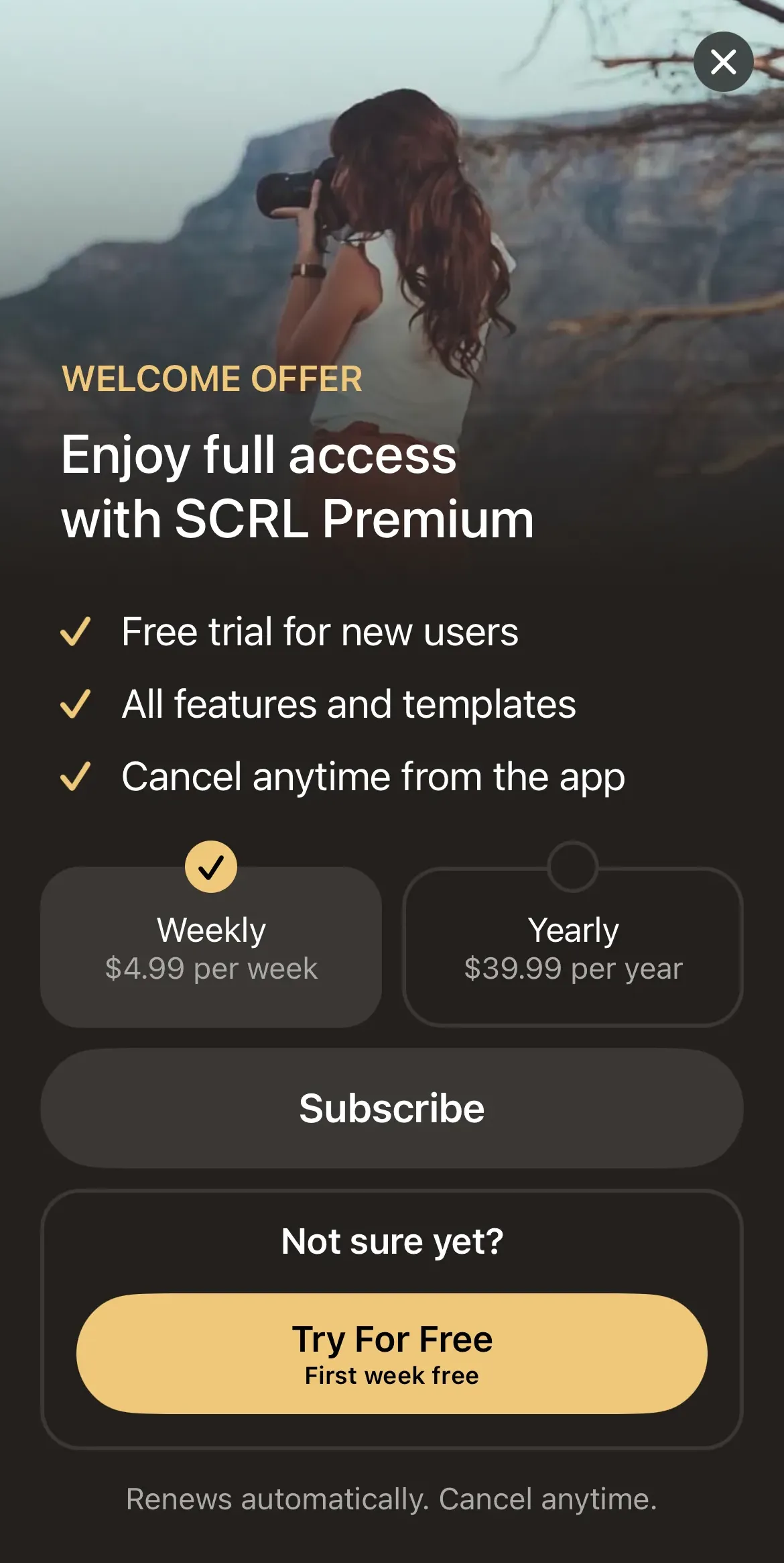 The paywall screen of the SCRL app