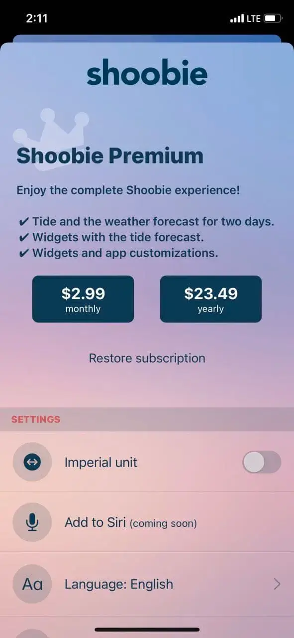 The paywall screen of the Shoobie³ Tide Table app