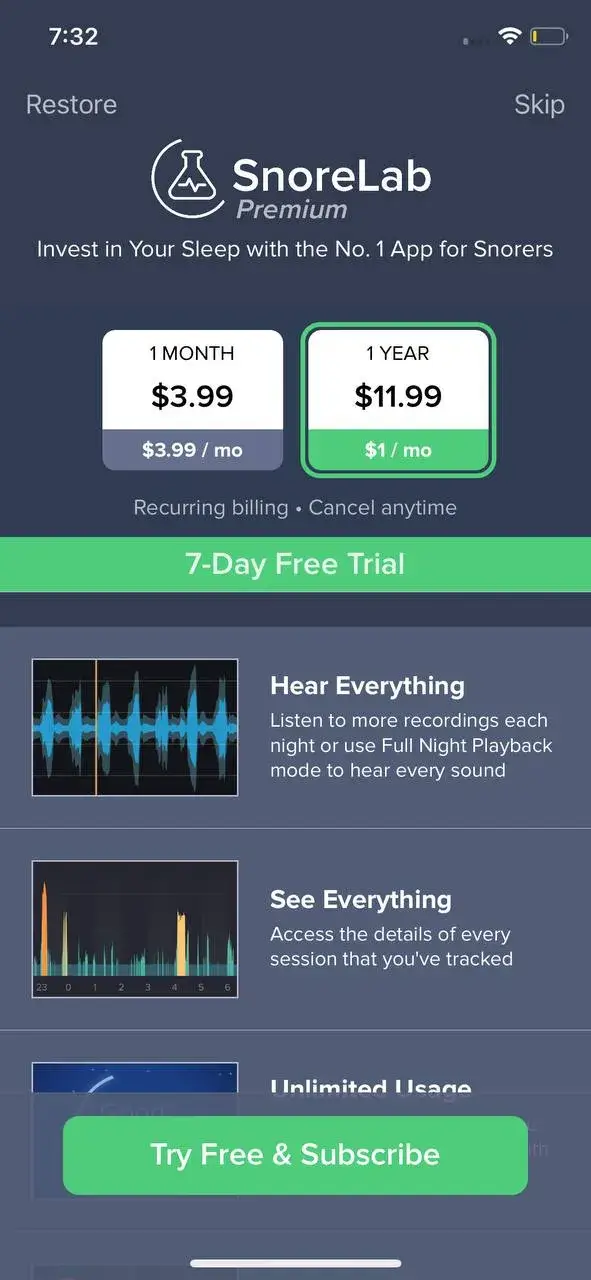 The paywall screen of the SnoreLab app