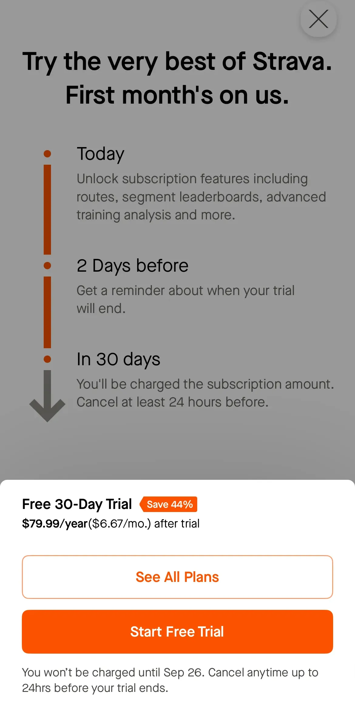 The paywall screen of the Strava app