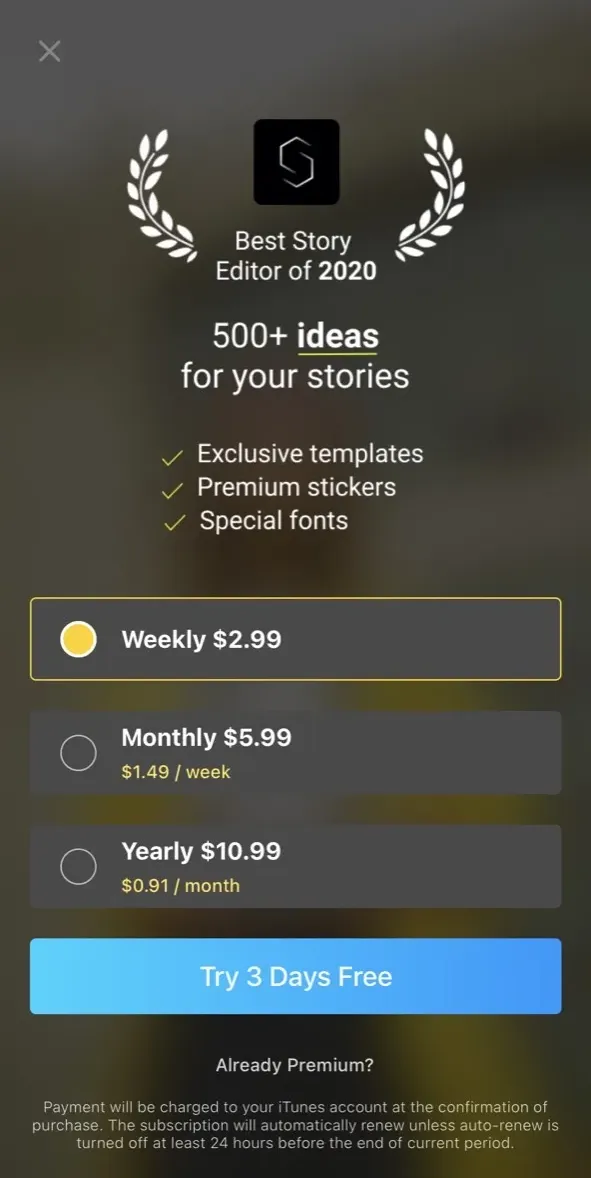 The paywall screen of the Story Template app