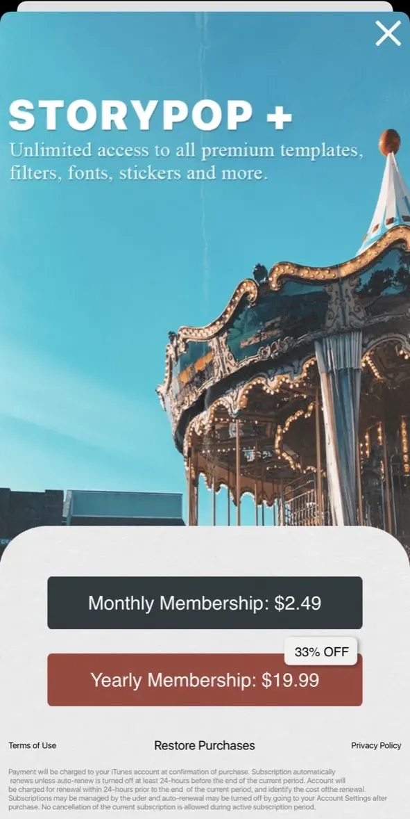 The paywall screen of the StoryPop app