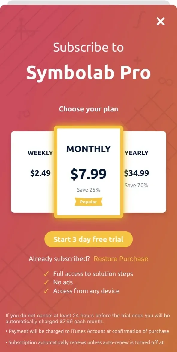 The paywall screen of the Symbolab app