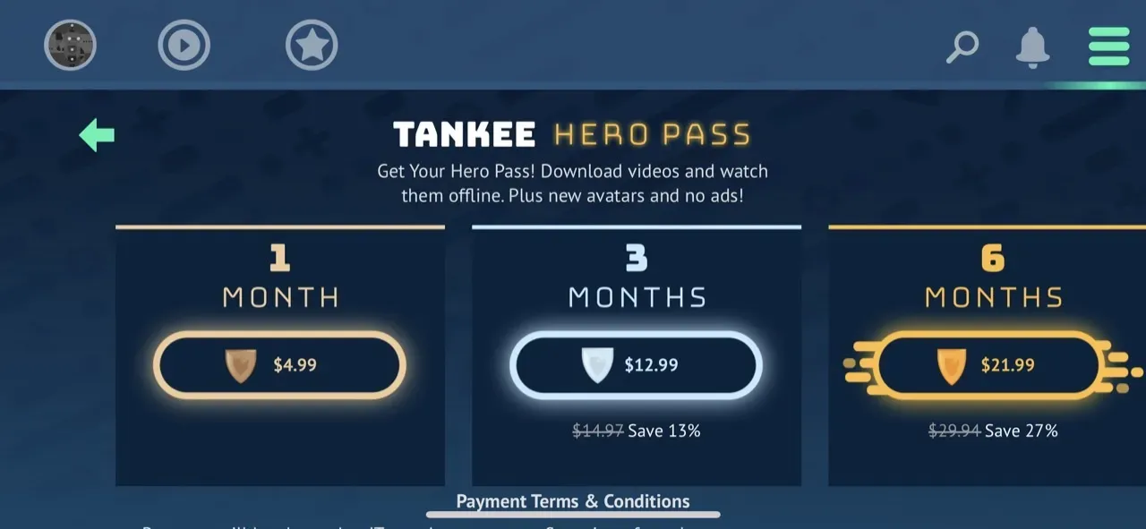 The paywall screen of the Tankee Gaming Videos app