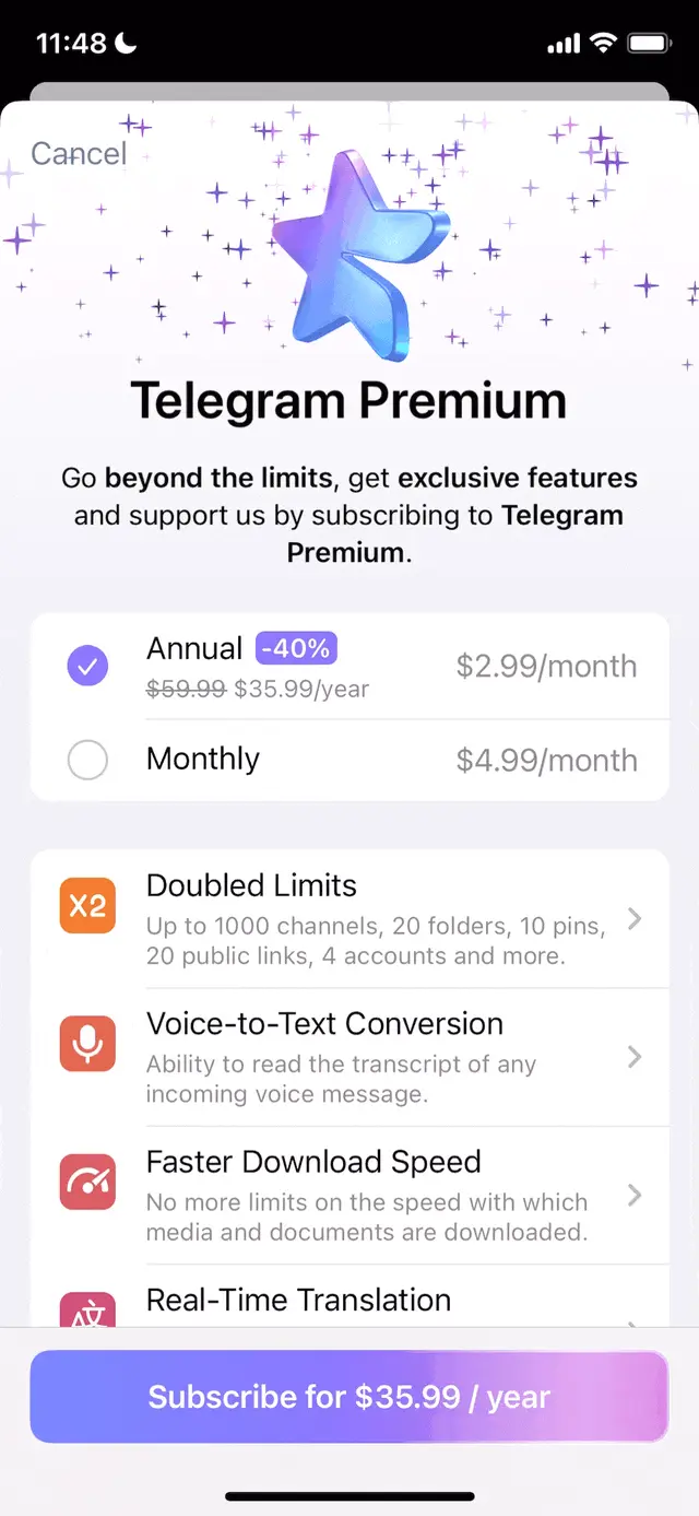 The paywall screen of the Telegram Messenger app