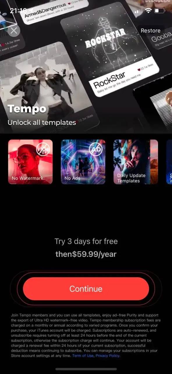 The paywall screen of the Tempo app