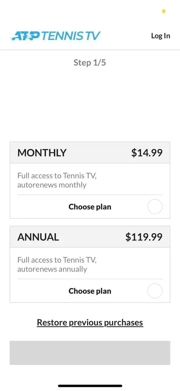 The paywall screen of the Tennis TV app