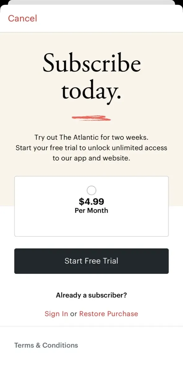 The paywall screen of the true app