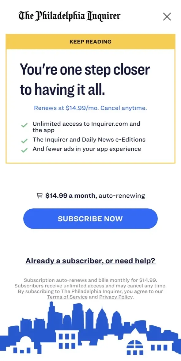 The paywall screen of the true app