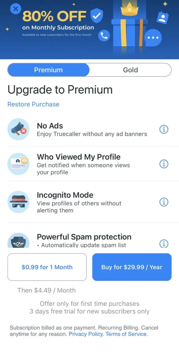 The paywall screen of the Truecaller app