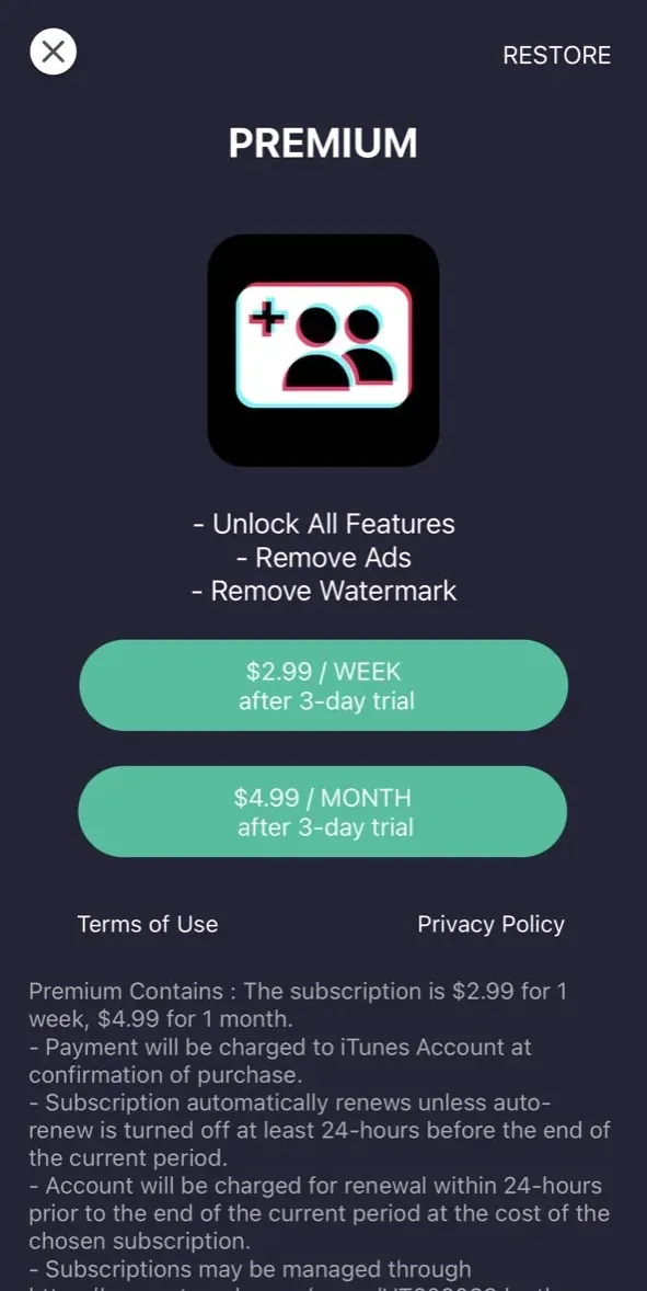 The paywall screen of the true app