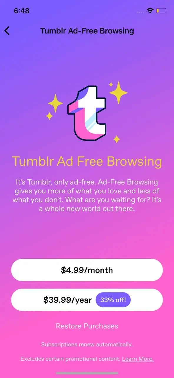 The paywall screen of the Tumblr app