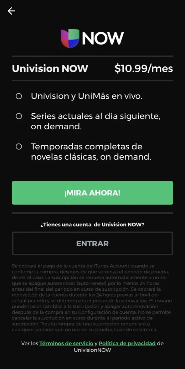 The paywall screen of the Univision Now app