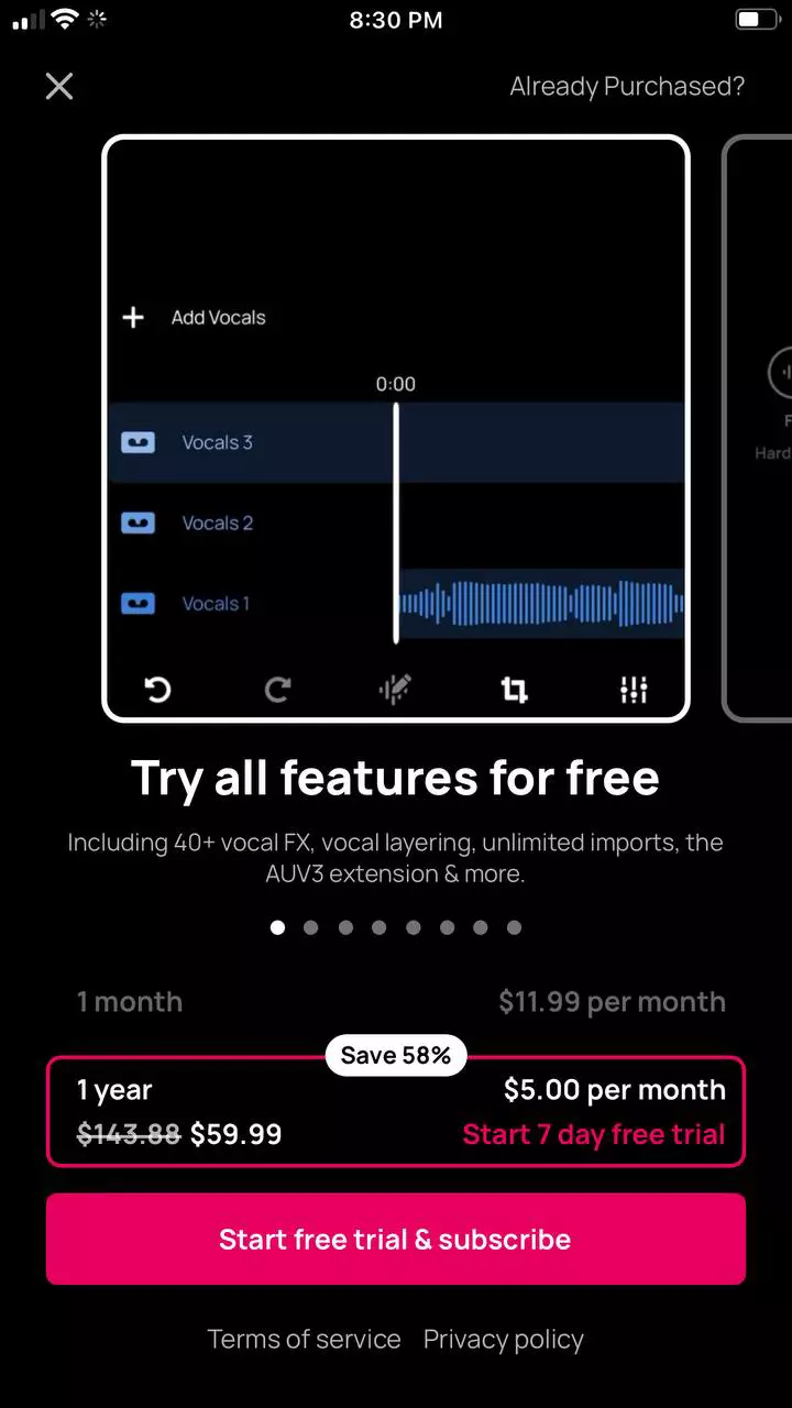 The paywall screen of the Voloco app