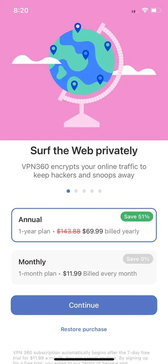 The paywall screen of the Super VPN 360 app