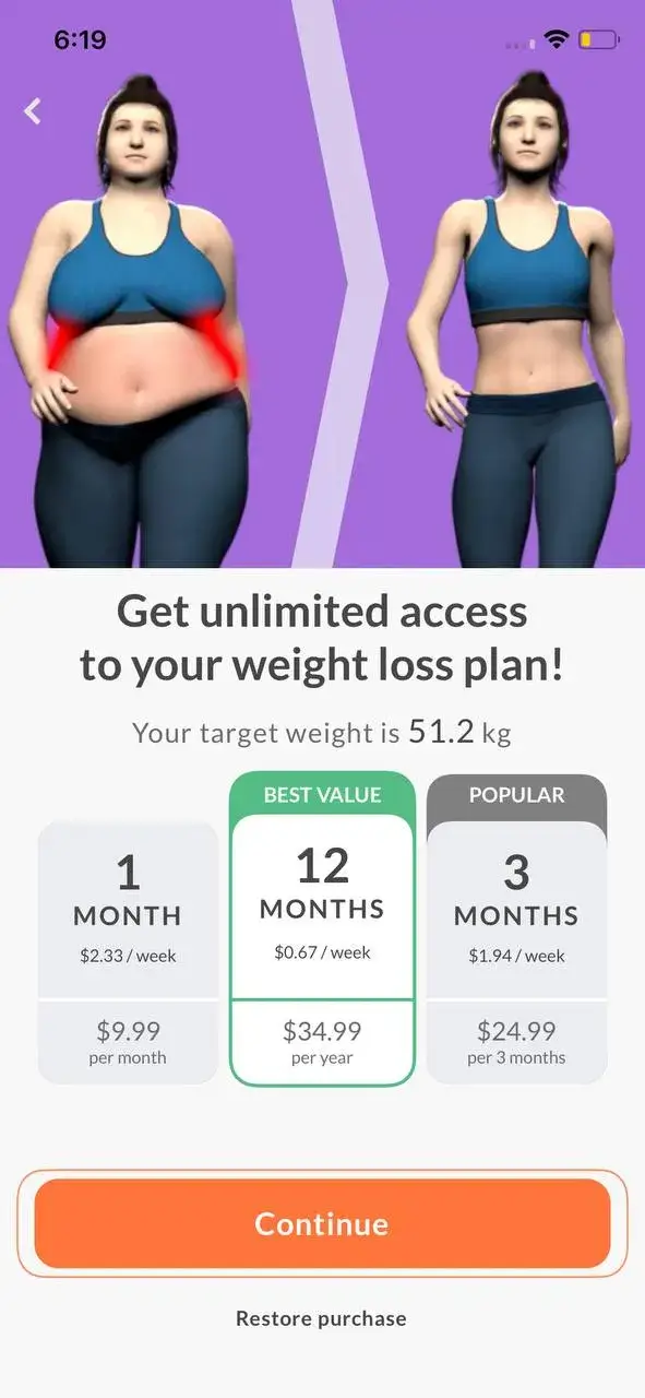 The paywall screen of the Walking Weight Loss app