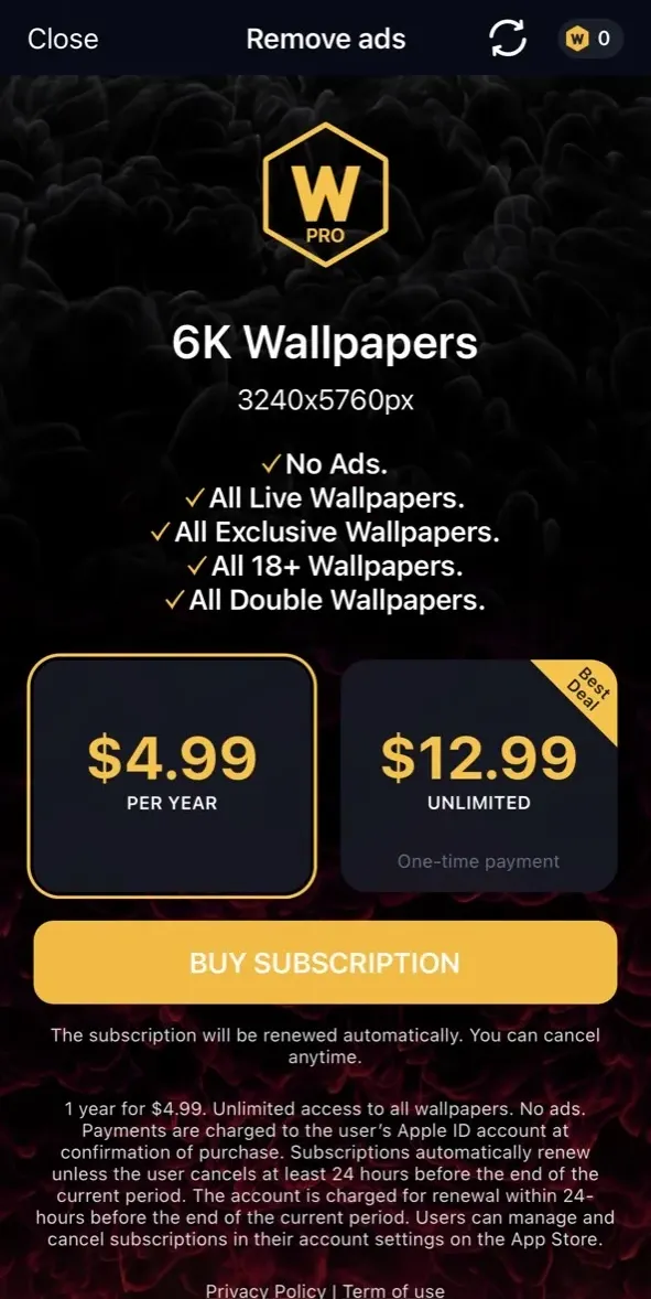 The paywall screen of the Wallcraft app