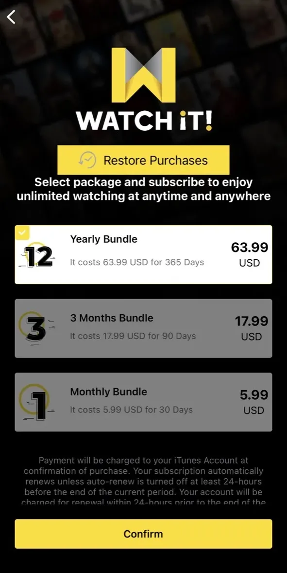 The paywall screen of the WATCH IT app