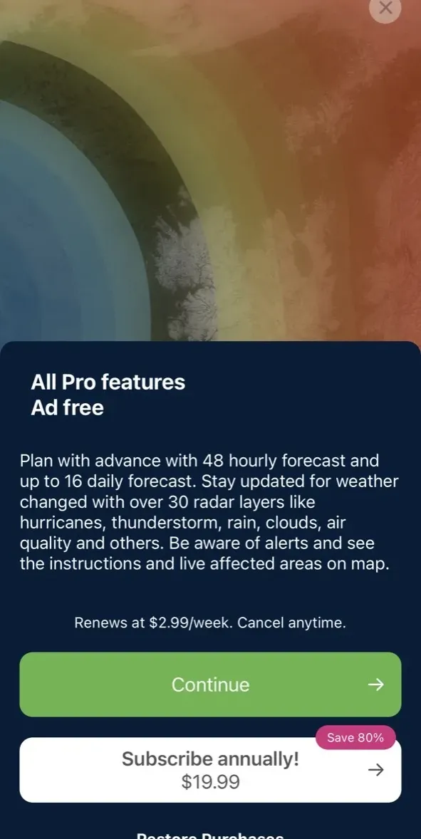 The paywall screen of the Weather #1 app