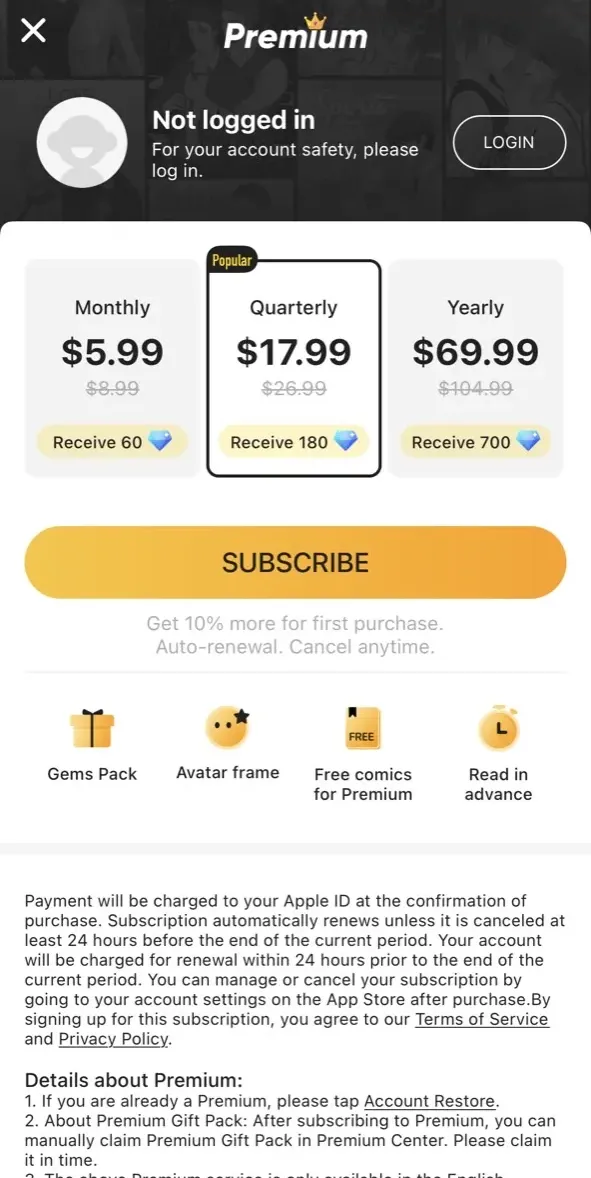 The paywall screen of the true app