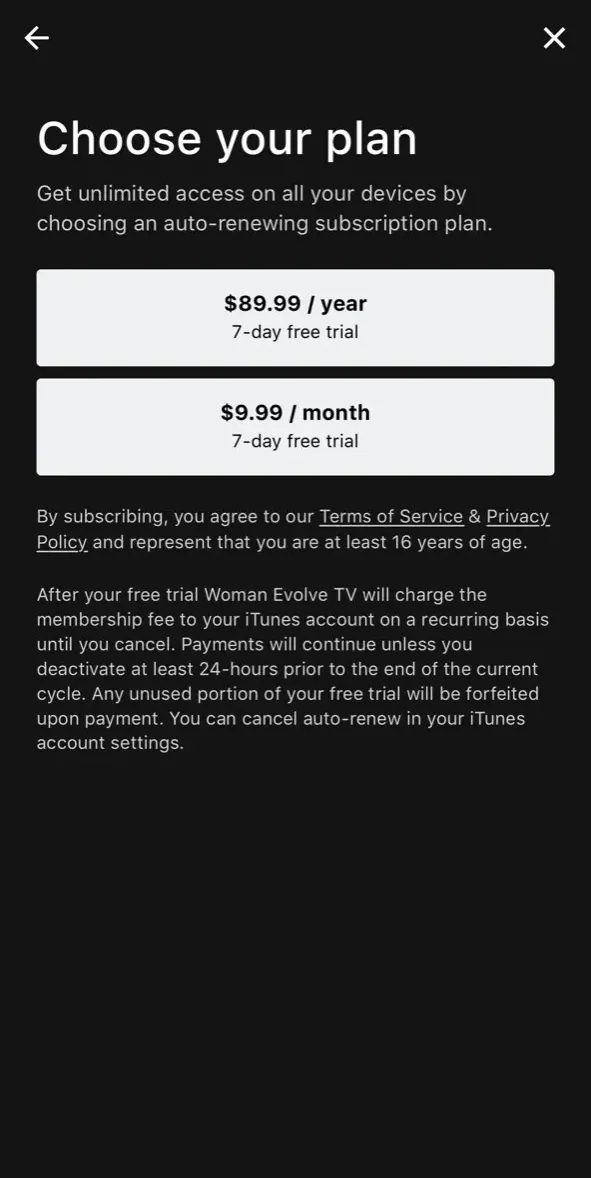 The paywall screen of the true app