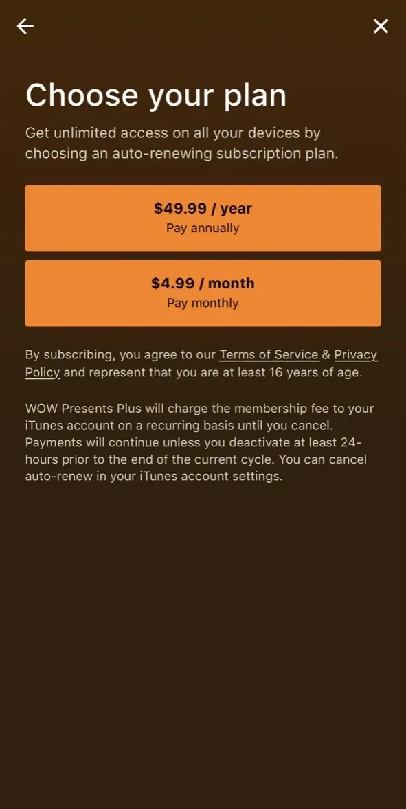 The paywall screen of the WOW Presents Plus app