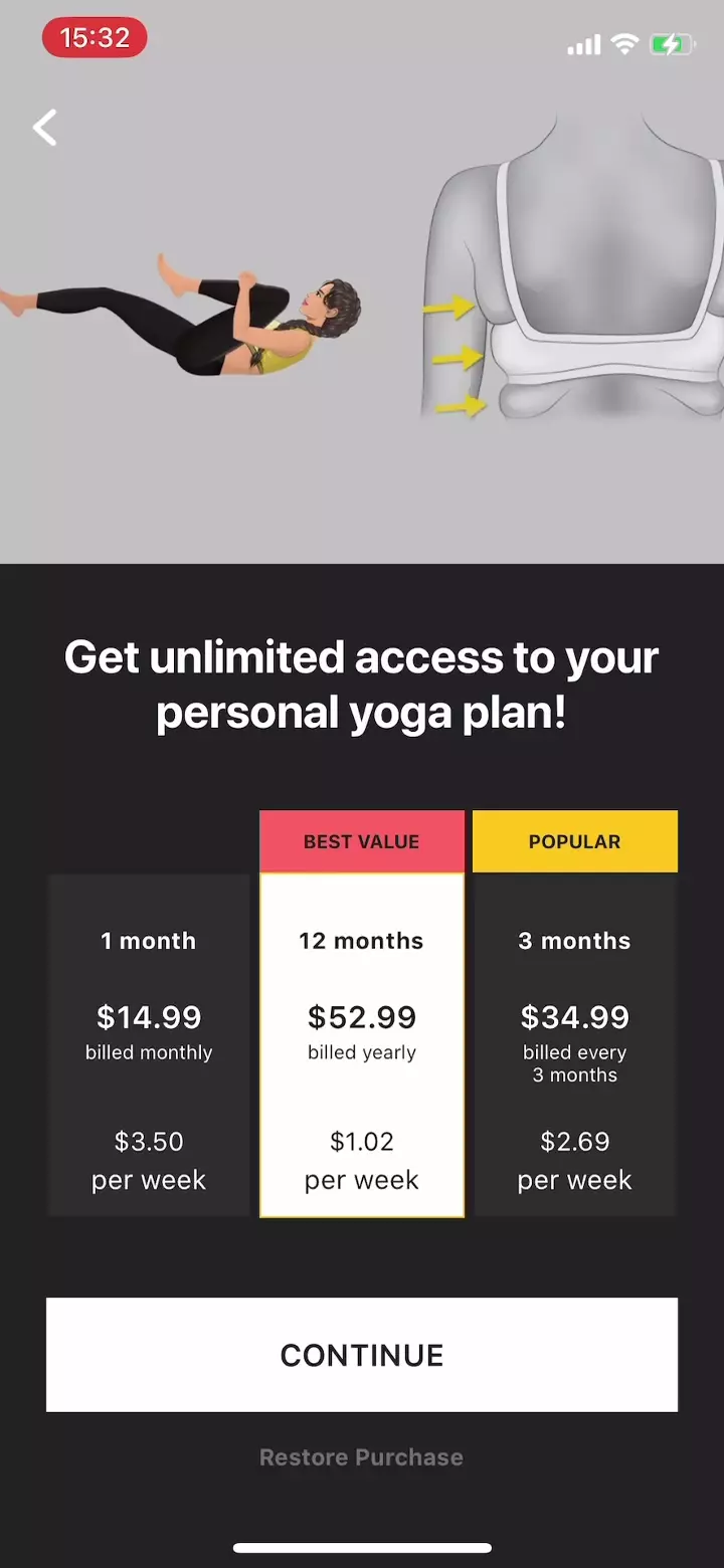 The paywall screen of the Yoga app