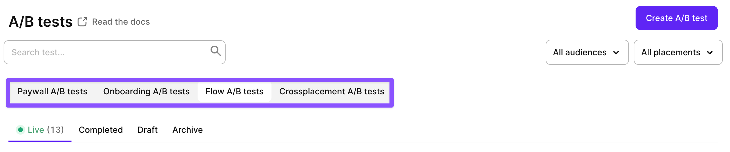 A/B tests list page with tabs for Regular, Onboarding, and Crossplacement test types